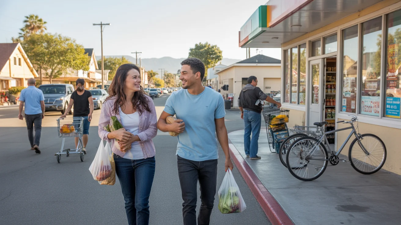 Two friends leaving a grocery store in Fontana, CA, discussing dinner plans on a warm evening.