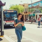 Woman exiting Valley Metro bus at stop in Sunrise Manor, NV