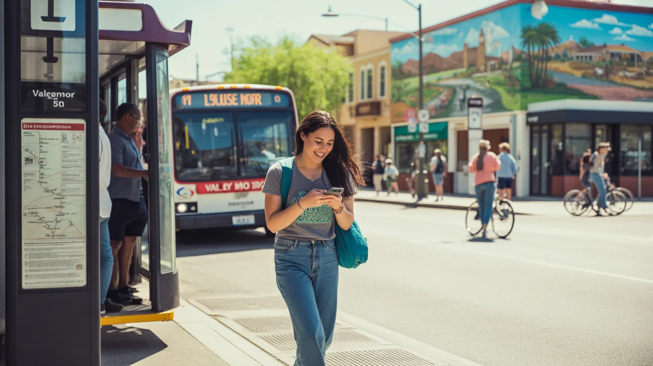 Woman exiting Valley Metro bus at stop in Sunrise Manor, NV