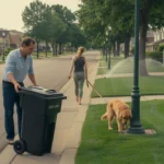Man rolling garbage bin to curb on suburban street in Aurora, CO
