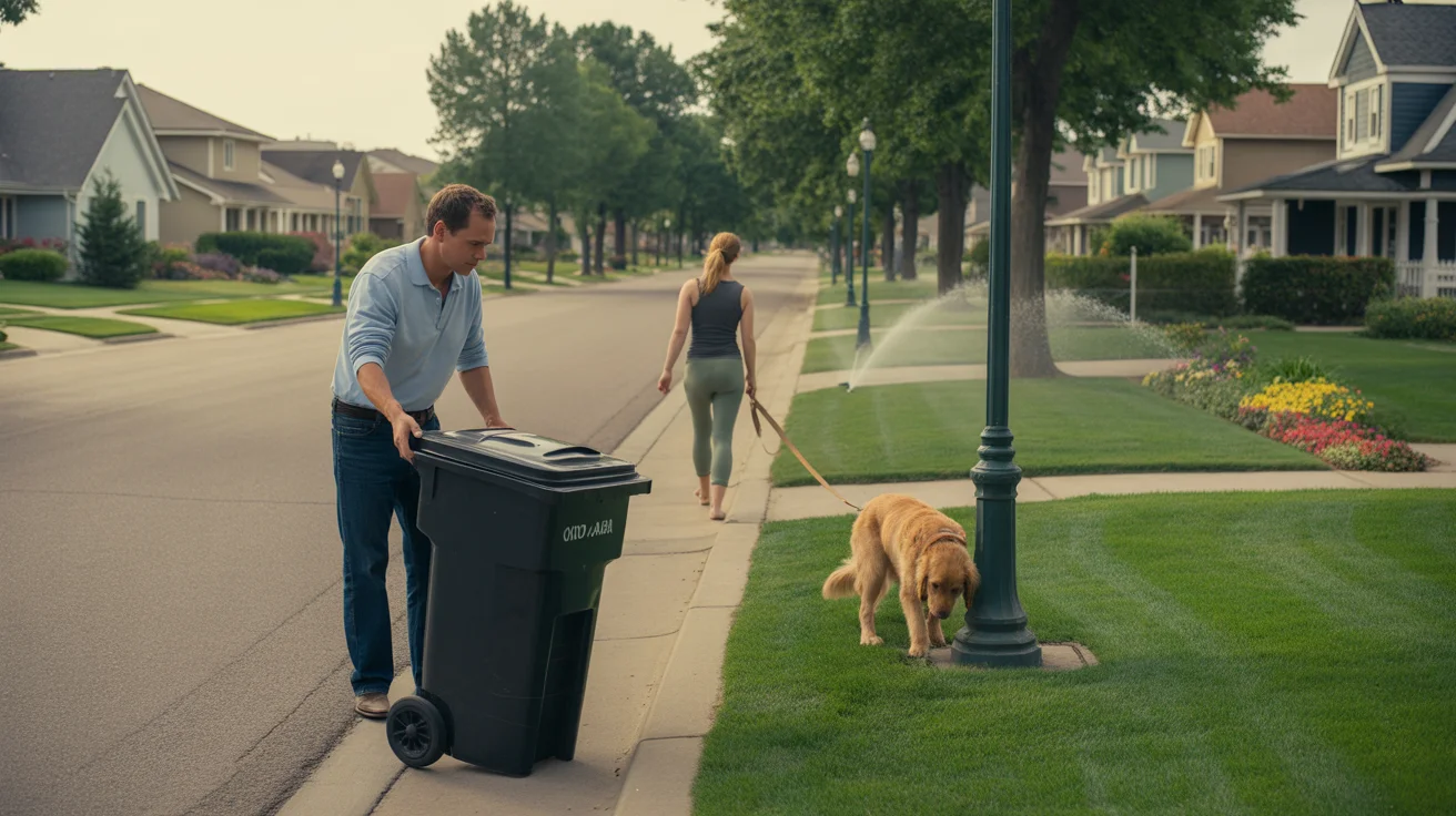 Man rolling garbage bin to curb on suburban street in Aurora, CO
