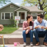 Couple considers buying a larger home while their child plays in front of their Denver bungalow
