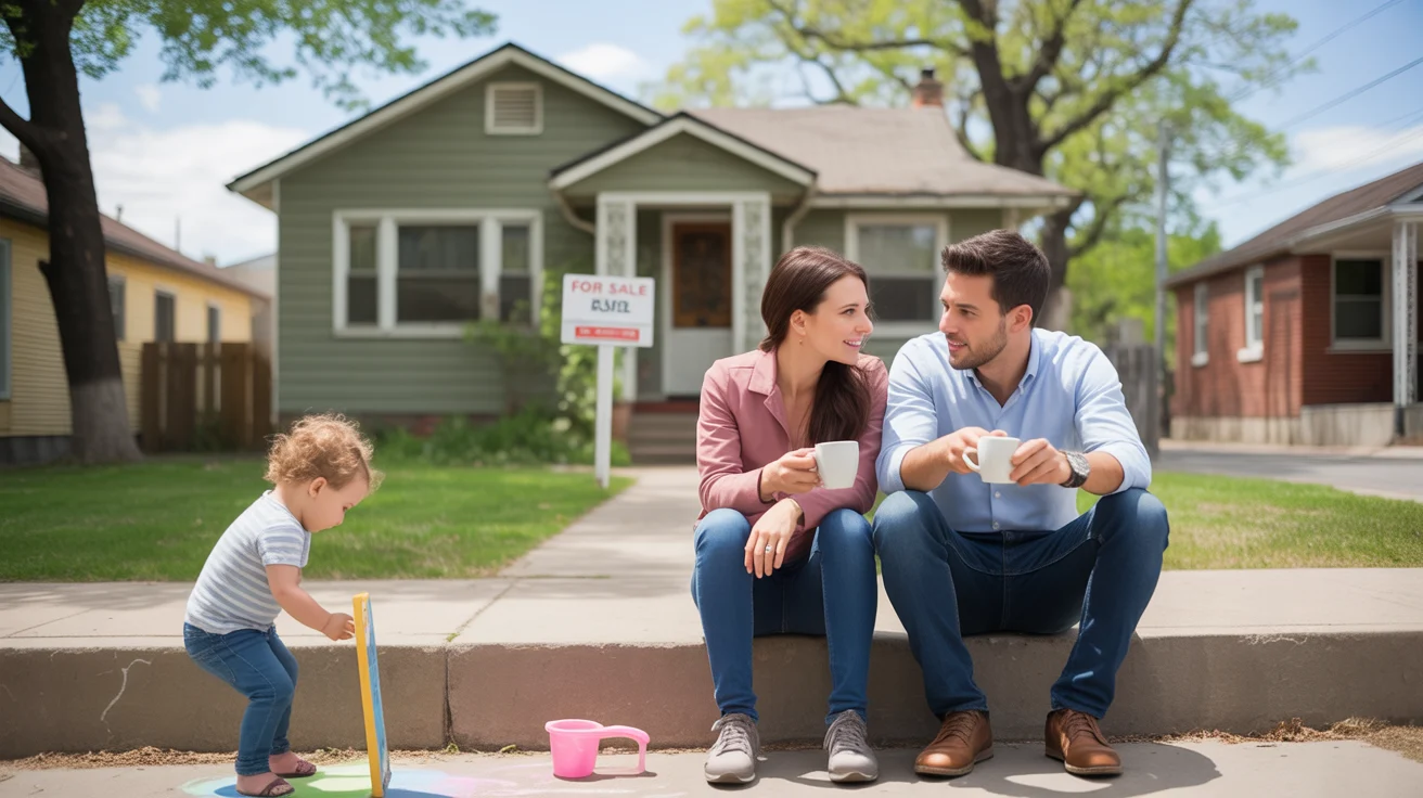 Couple considers buying a larger home while their child plays in front of their Denver bungalow