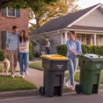 A young couple returns a trash bin to their apartment building while an older neighbor does yardwork at his house next door on a quiet suburban street at sunset.