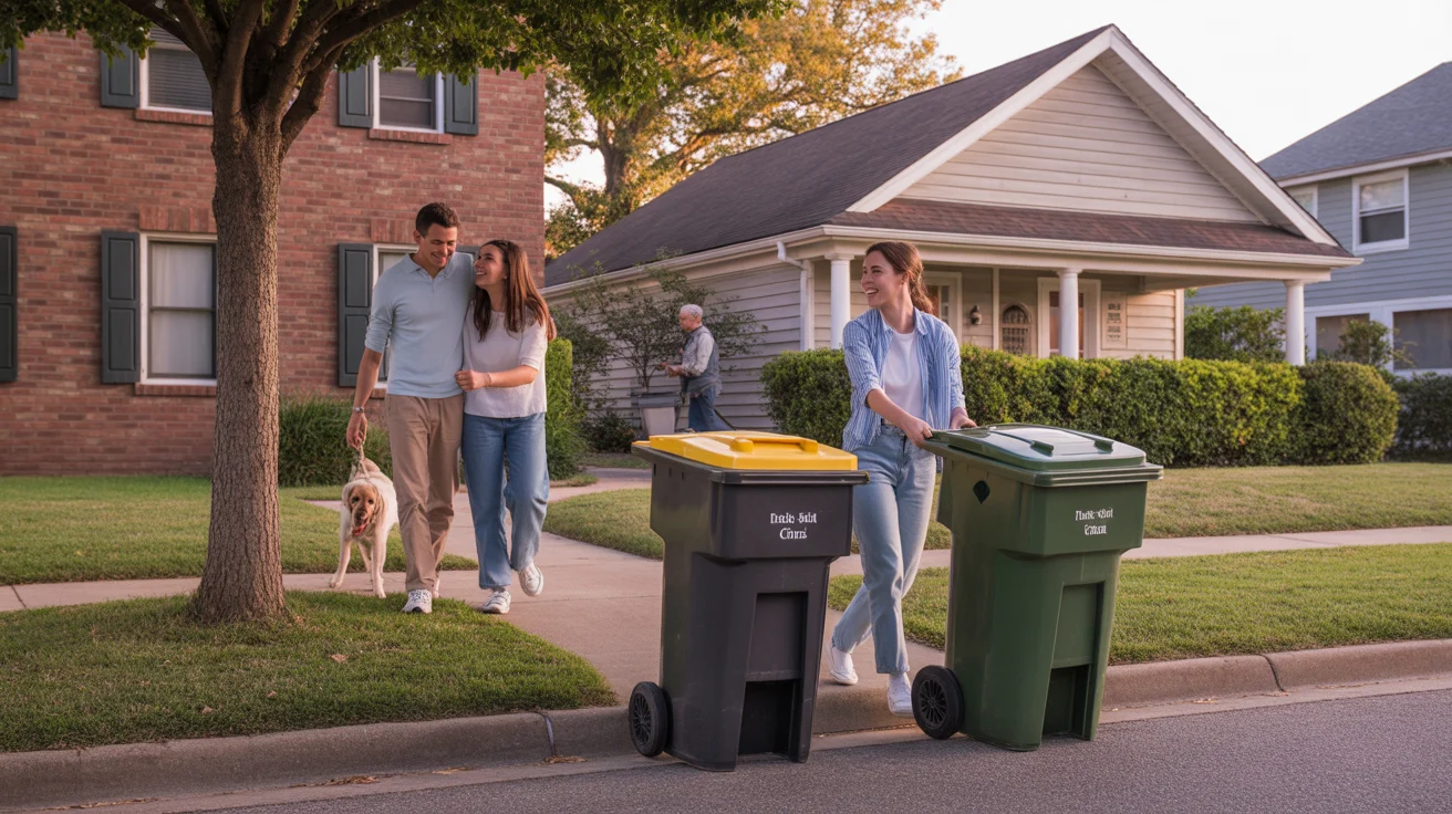 A young couple returns a trash bin to their apartment building while an older neighbor does yardwork at his house next door on a quiet suburban street at sunset.