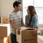 Couple unpacking in their new Plano apartment, looking happy and excited