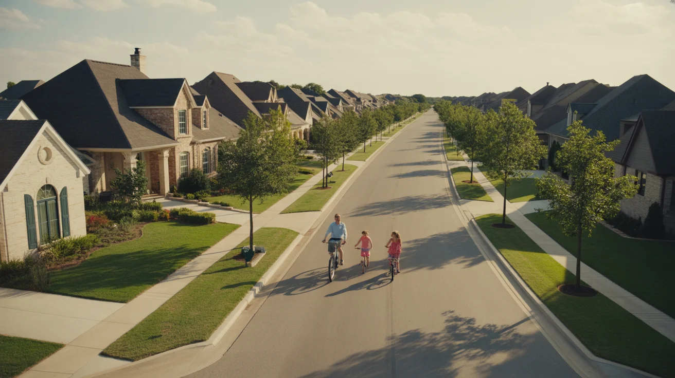 Aerial view of a nice neighborhood street in Frisco with a family biking