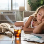 A girl and cat nap in an air-conditioned living room on a hot summer day in Paradise, NV.