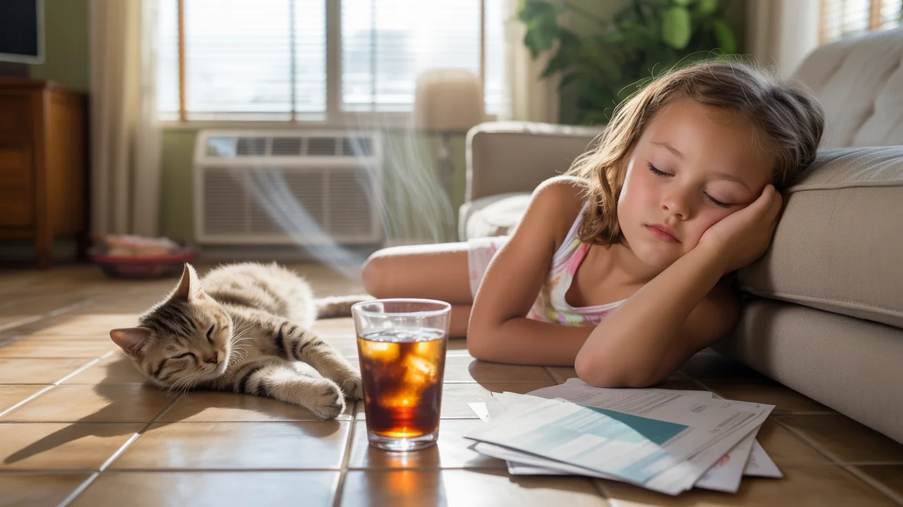 A girl and cat nap in an air-conditioned living room on a hot summer day in Paradise, NV.