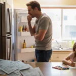 A father looking thoughtfully into an open refrigerator while his daughter does homework at the kitchen table