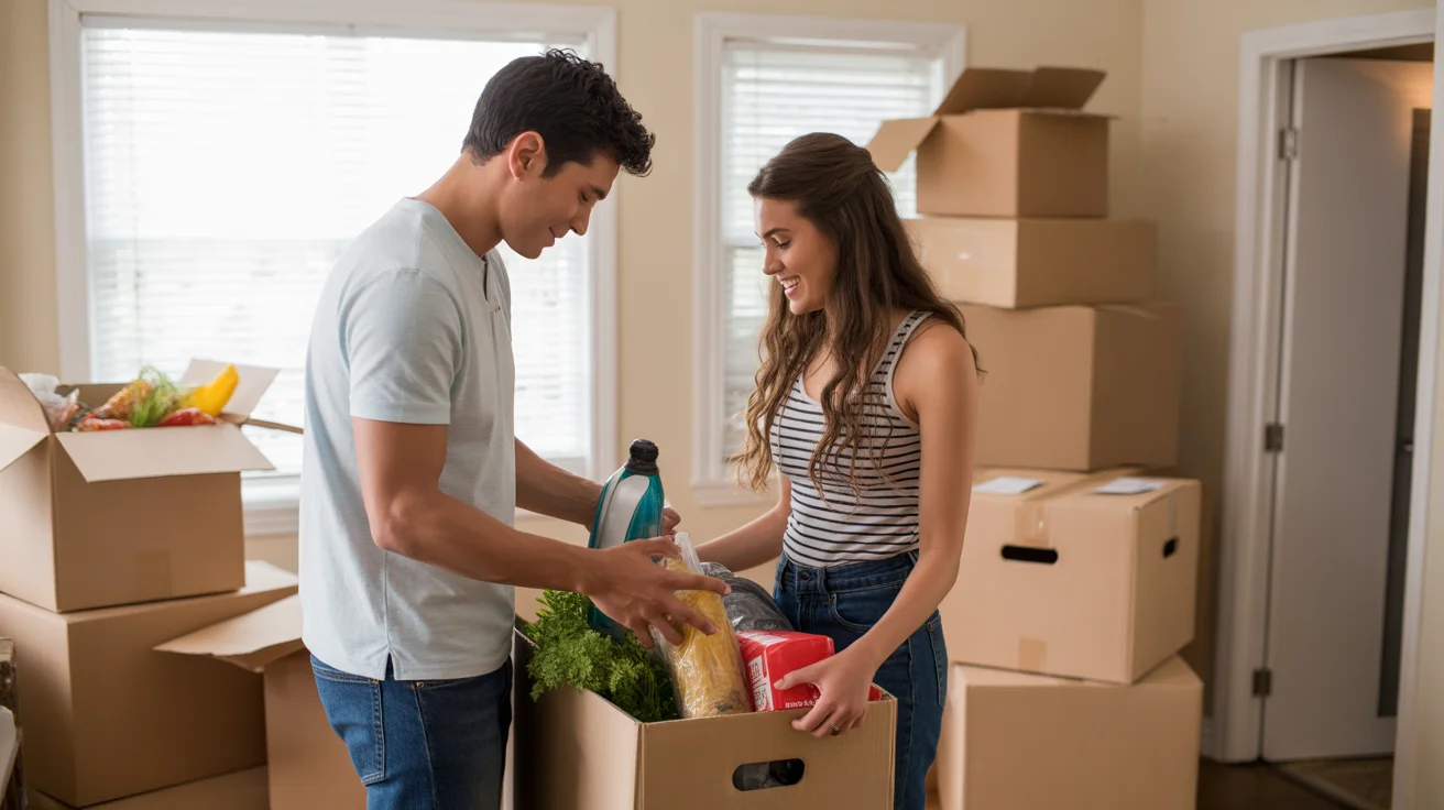 Couple unpacking groceries in new San Marcos apartment kitchen