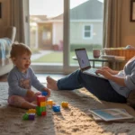 A child plays with blocks on the floor while a parent browses the internet on a laptop in the living room of a suburban home.