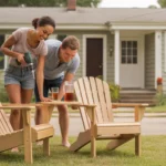 A young couple assembles Adirondack chairs in front of their Durham home on a sunny day.