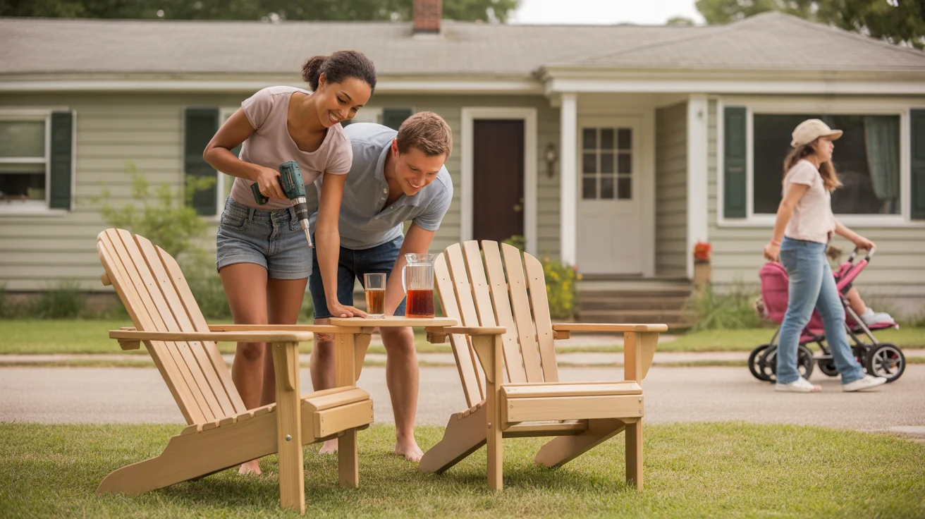 A young couple assembles Adirondack chairs in front of their Durham home on a sunny day.