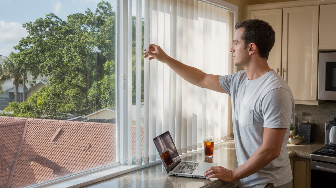 Man adjusting blinds in sunny apartment in Brandon, FL
