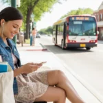 Young woman sitting at a bus stop in Plano, TX, smiling while using her phone