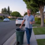 Man taking out trash at dusk in Tustin neighborhood