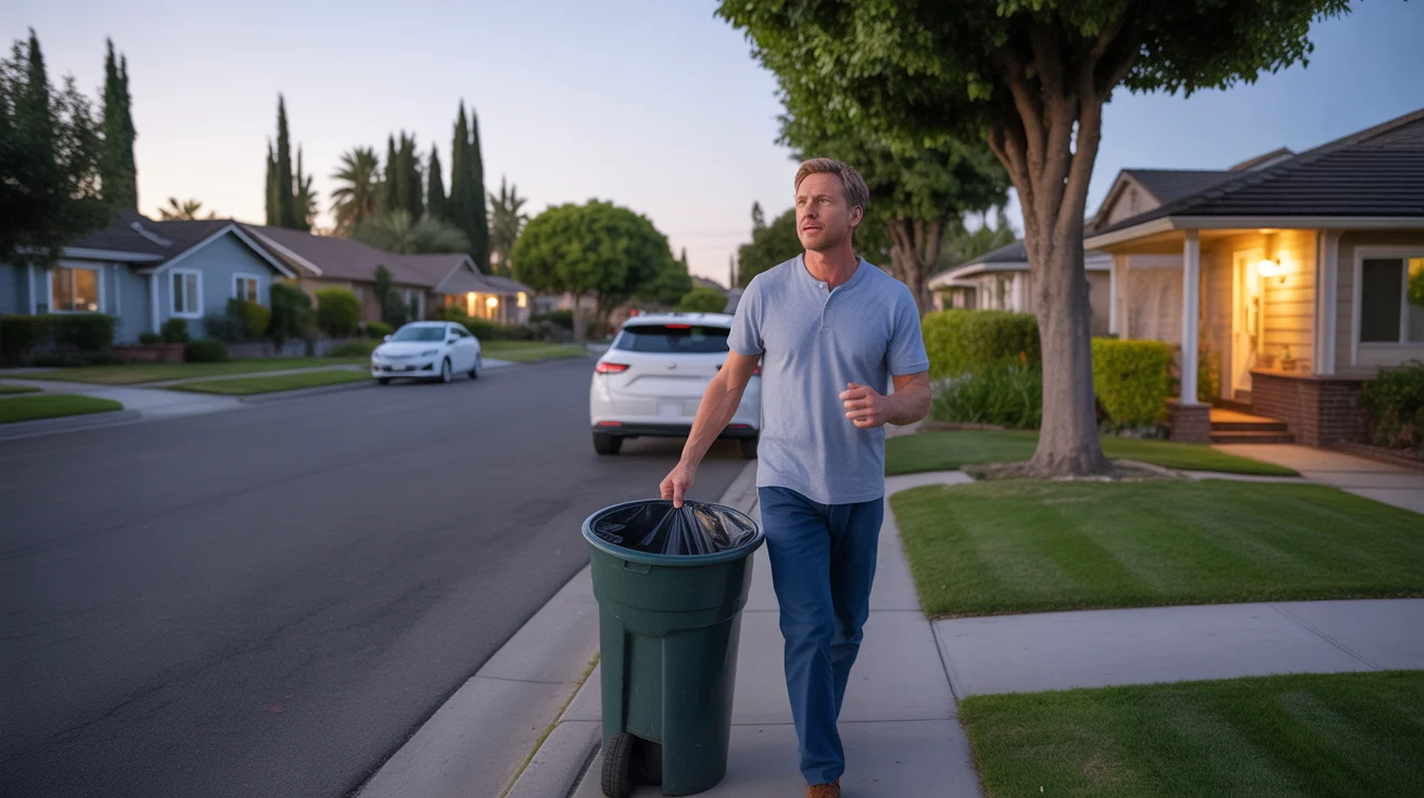 Man taking out trash at dusk in Tustin neighborhood