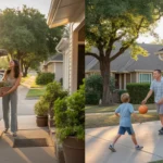 Neighbors arriving home to a condo and house on a quiet street in Irving, Texas at sunset