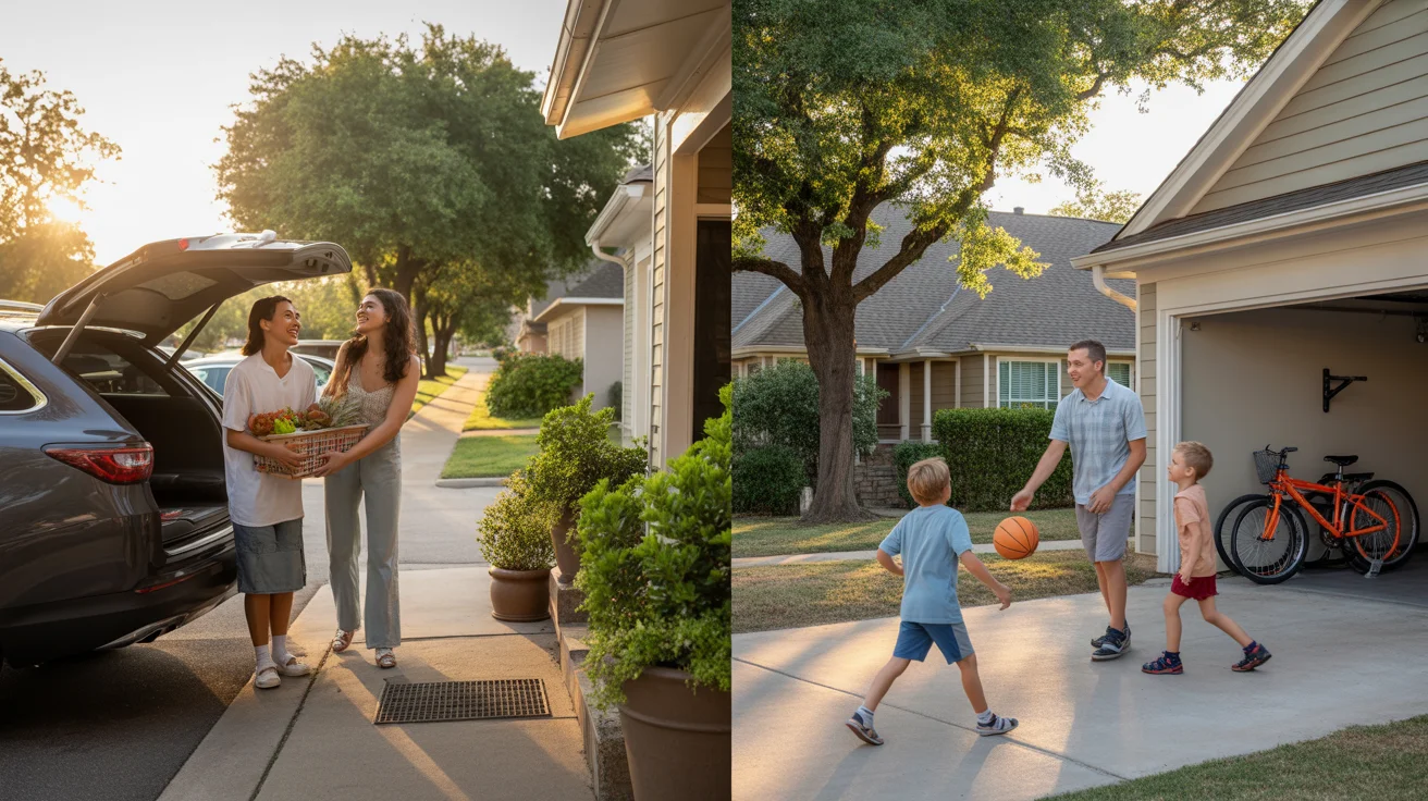 Neighbors arriving home to a condo and house on a quiet street in Irving, Texas at sunset