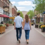 Couple strolling through downtown Arvada, Colorado on a sunny day