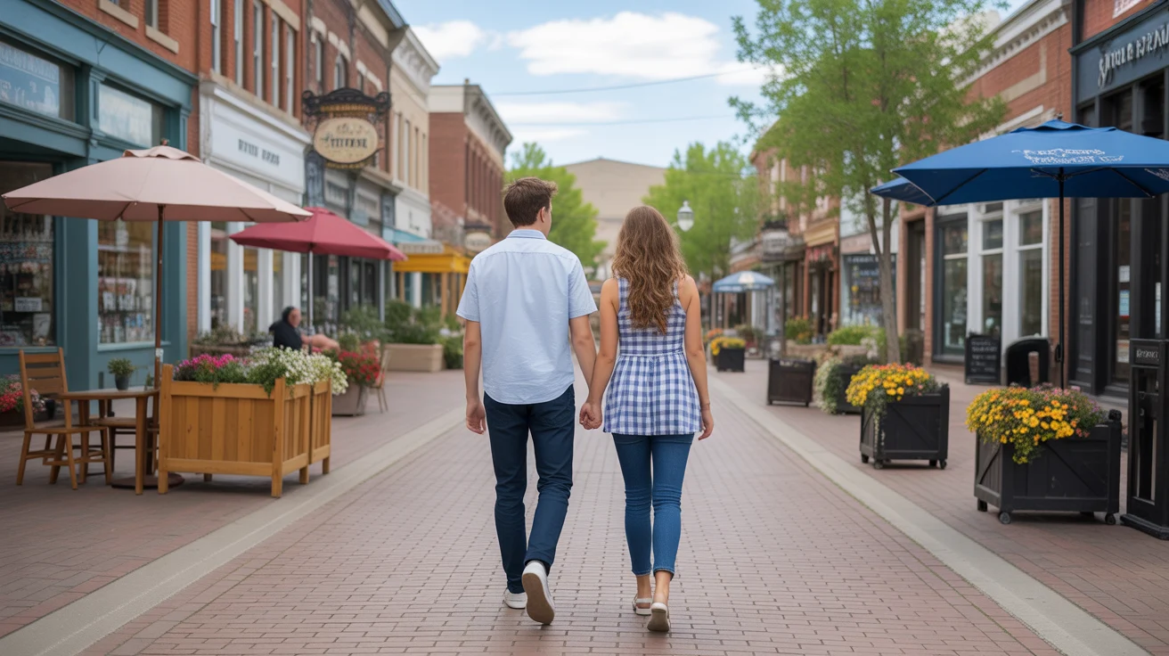 Couple strolling through downtown Arvada, Colorado on a sunny day