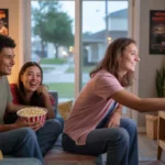 Two roommates enjoying a movie night in their cozy Pflugerville apartment living room