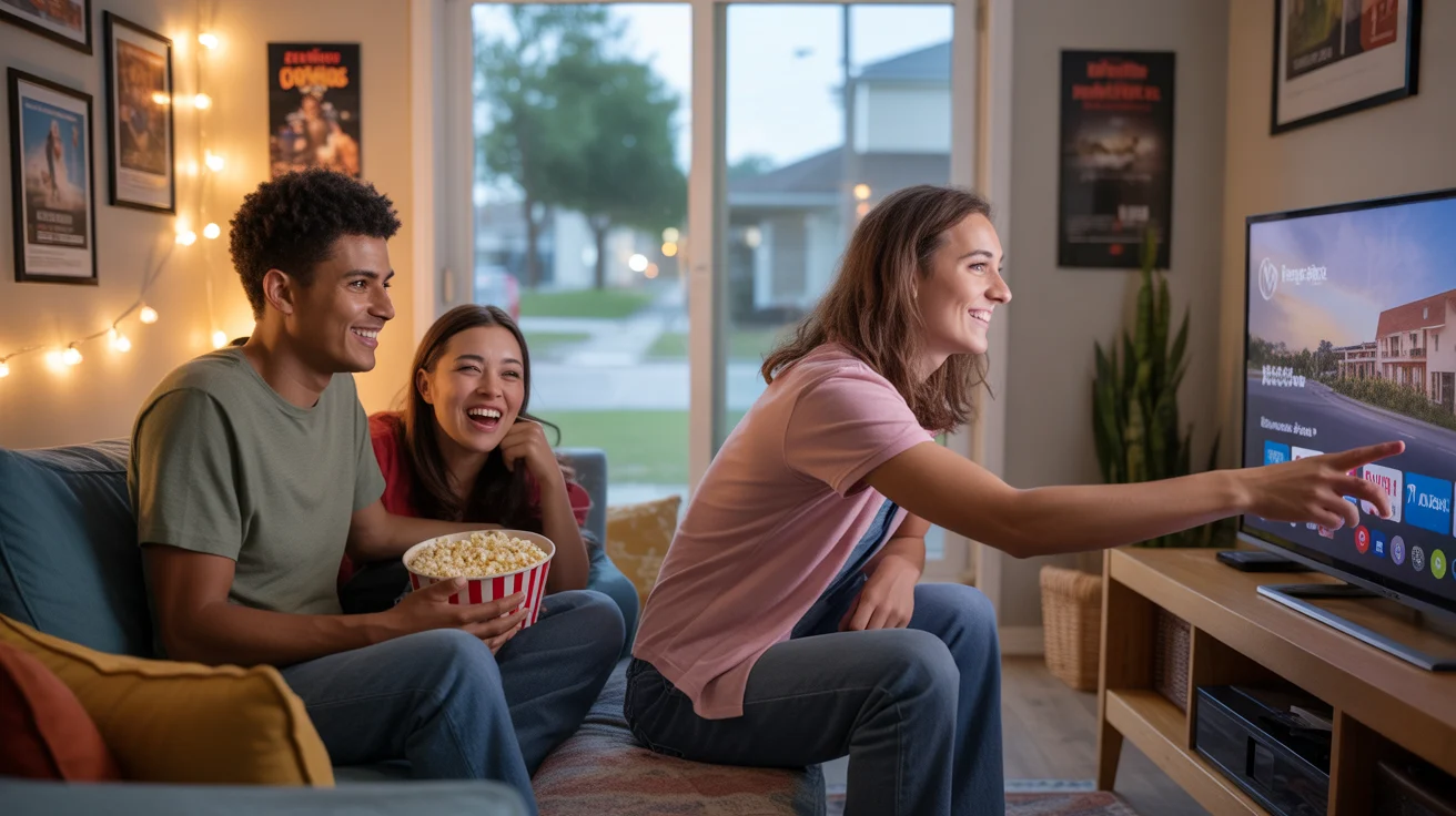 Two roommates enjoying a movie night in their cozy Pflugerville apartment living room