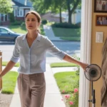 Woman turning off ceiling fan before leaving suburban Westminster CO home for work