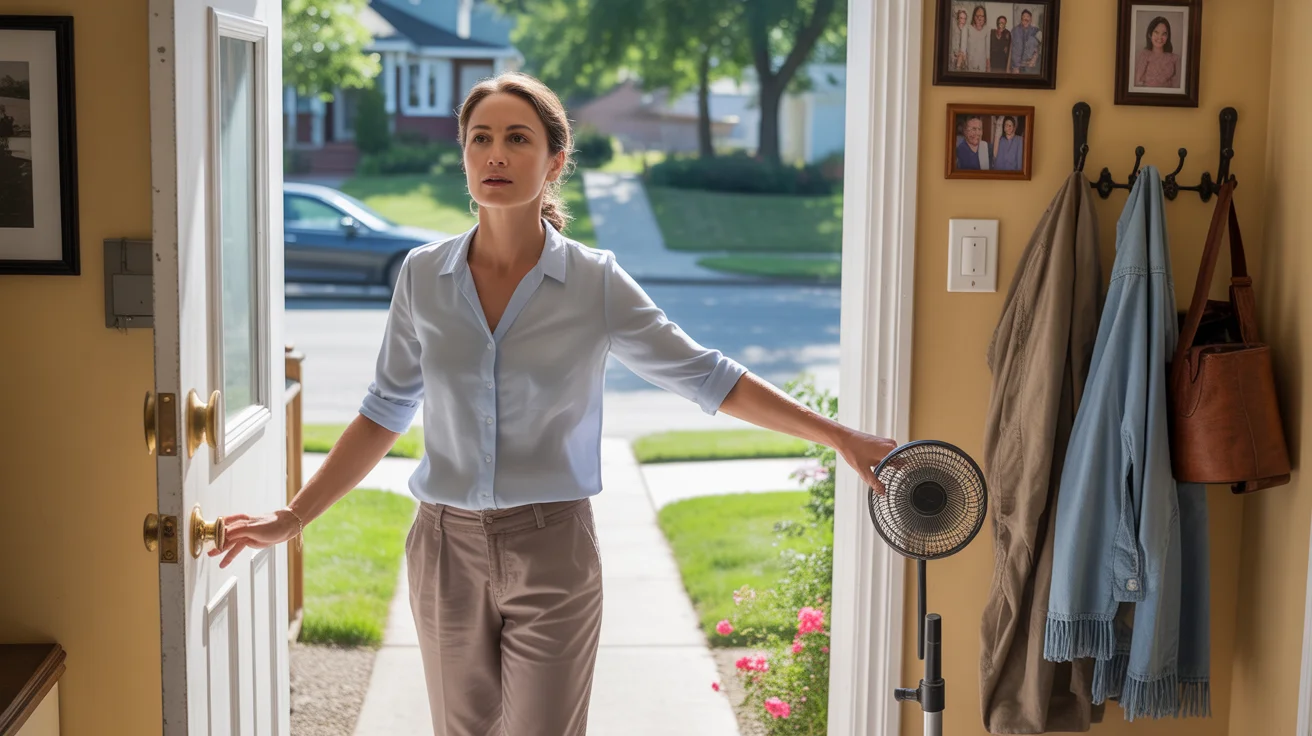 Woman turning off ceiling fan before leaving suburban Westminster CO home for work
