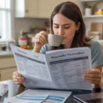 Woman reviewing community newsletter about utility costs in her Sugar Land apartment kitchen