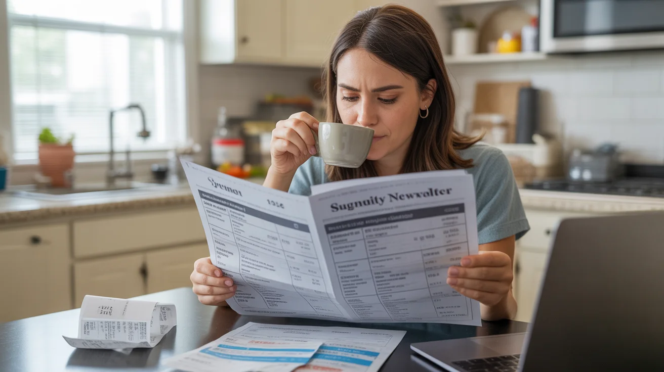 Woman reviewing community newsletter about utility costs in her Sugar Land apartment kitchen