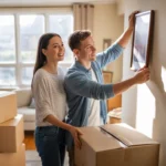 Couple unpacking in their new Bolingbrook apartment