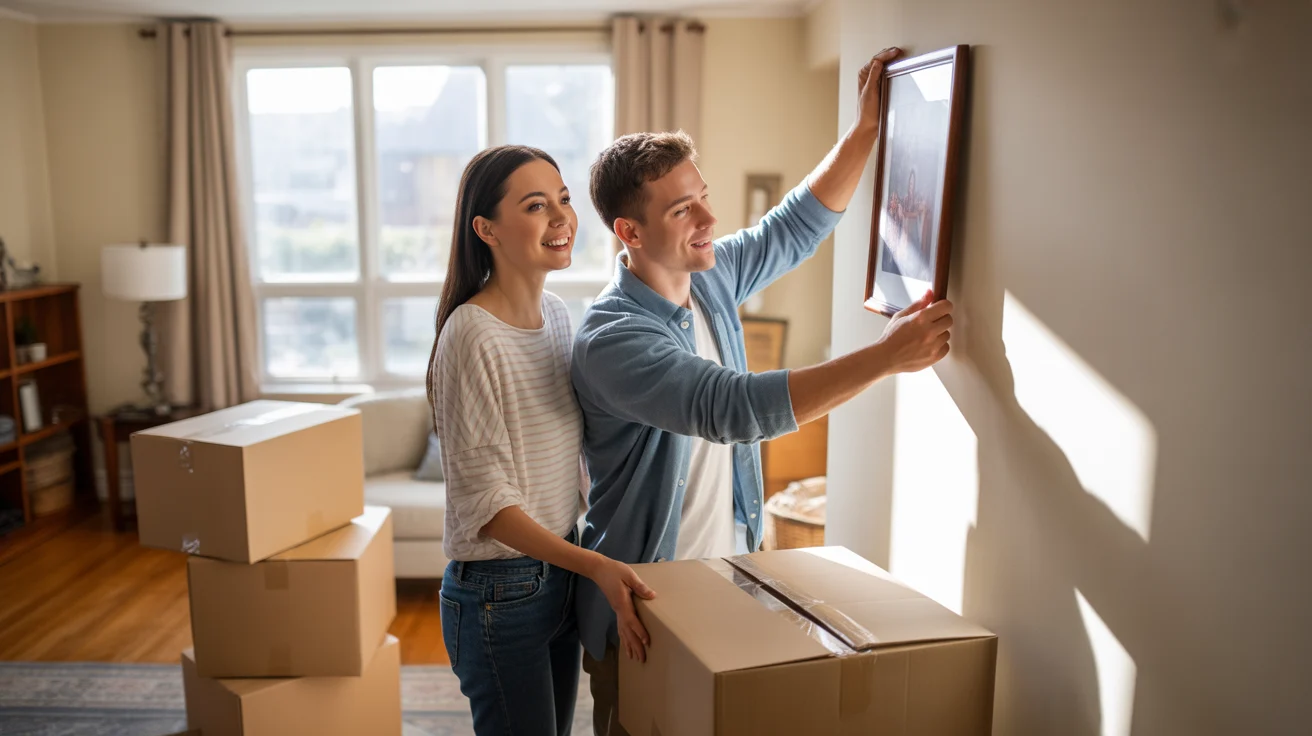 Couple unpacking in their new Bolingbrook apartment