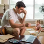 Father works on laptop near window while daughter plays in living room of Texas home