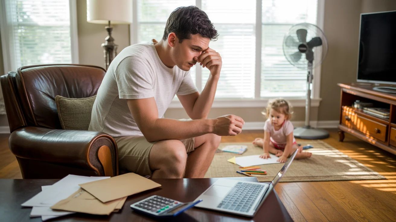 Father works on laptop near window while daughter plays in living room of Texas home