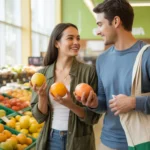 Couple comparing grapefruits while grocery shopping in Lakeland, FL