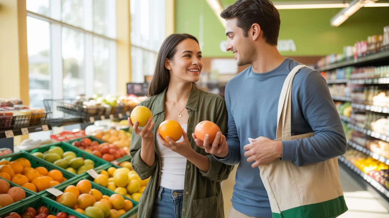 Couple comparing grapefruits while grocery shopping in Lakeland, FL