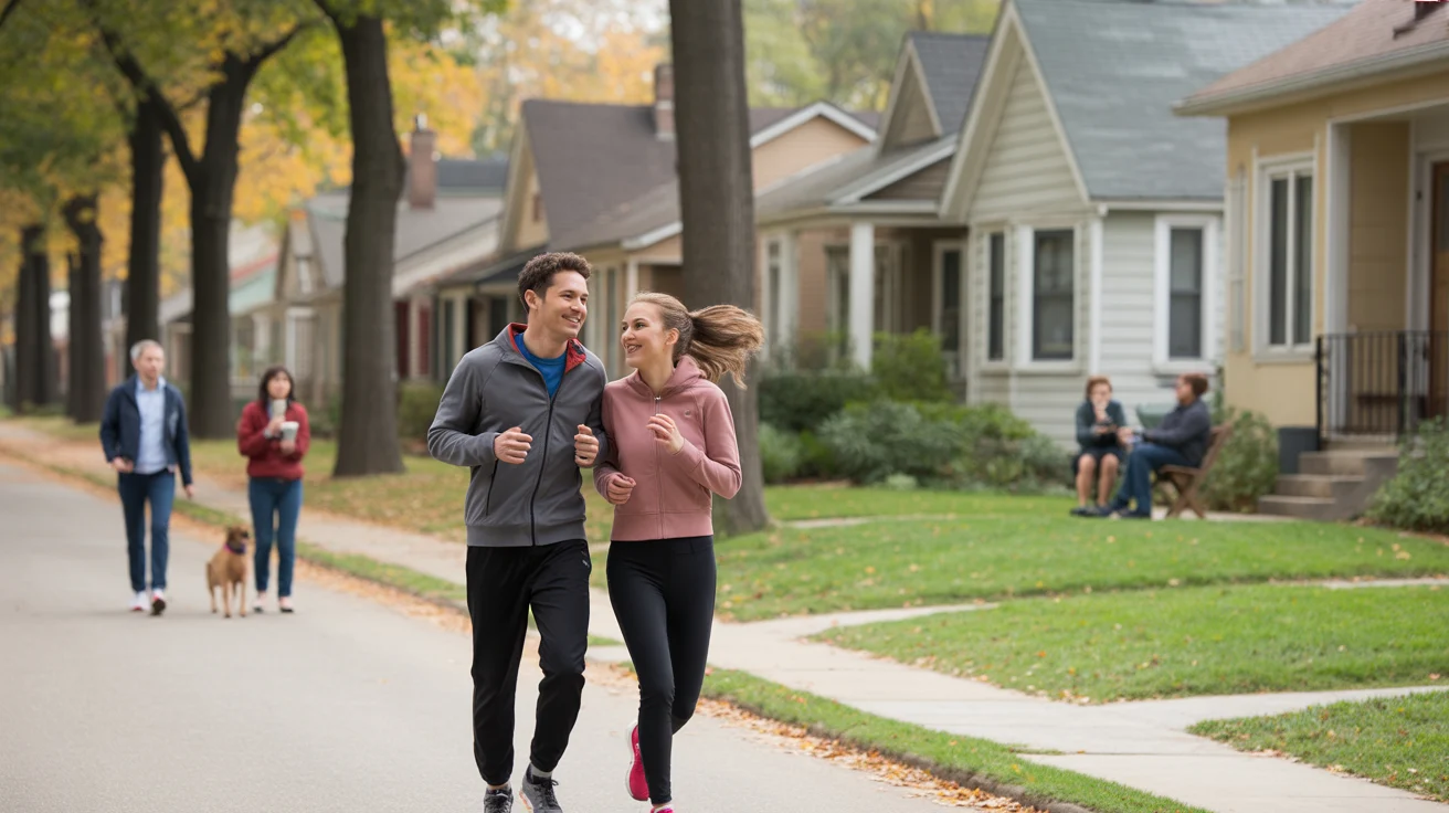 A couple jogging past starter homes on a quiet suburban street in Chicago.