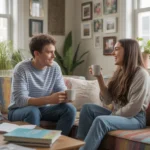 Two roommates enjoying coffee and conversation in the cozy living room of their shared Pflugerville apartment