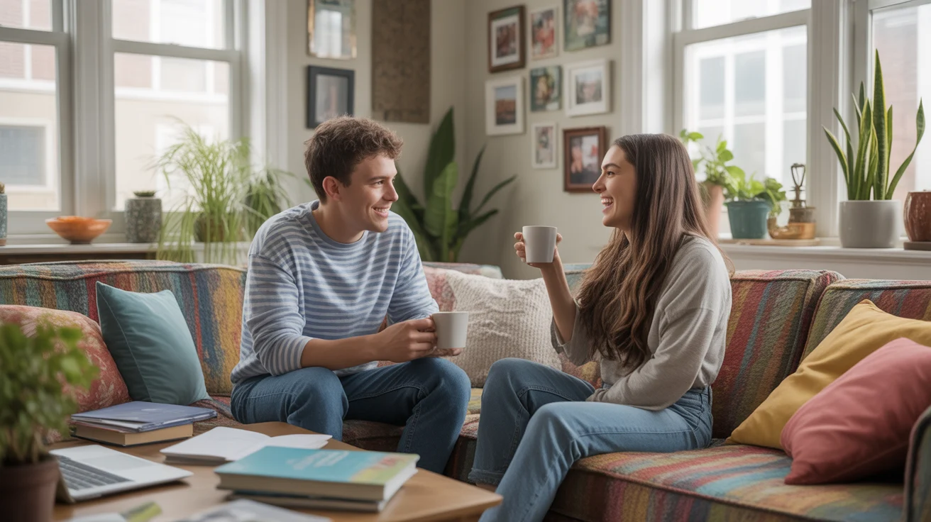 Two roommates enjoying coffee and conversation in the cozy living room of their shared Pflugerville apartment