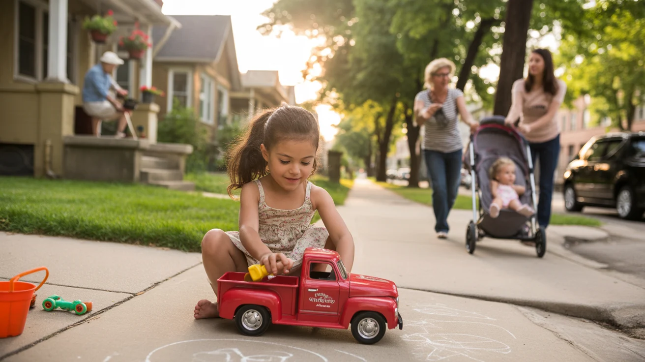 A young girl plays with a red toy truck on the stoop of a Chicago bungalow on a summer evening.