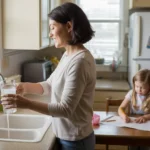 Woman fills glass of water from kitchen sink faucet while daughter does homework at table in Wheaton suburban home