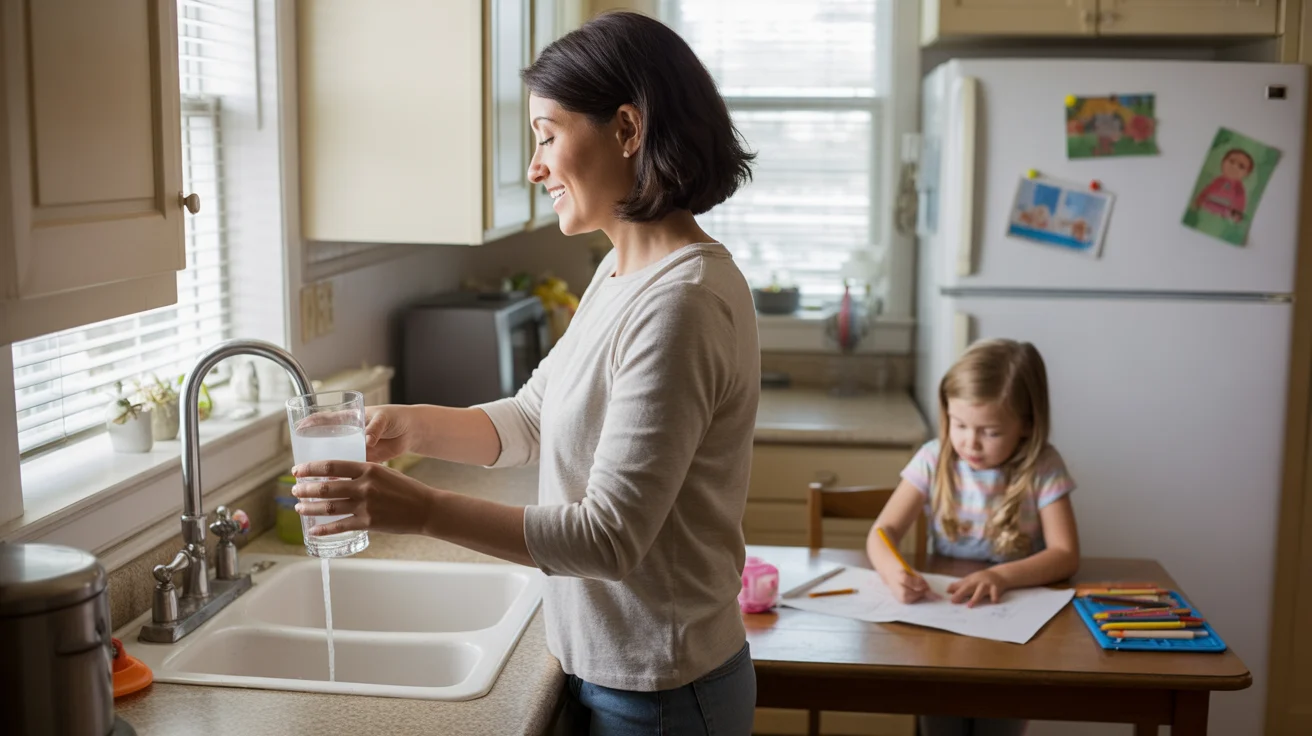 Woman fills glass of water from kitchen sink faucet while daughter does homework at table in Wheaton suburban home