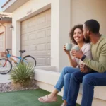 Couple drinking coffee on the porch of their Henderson townhome at sunrise