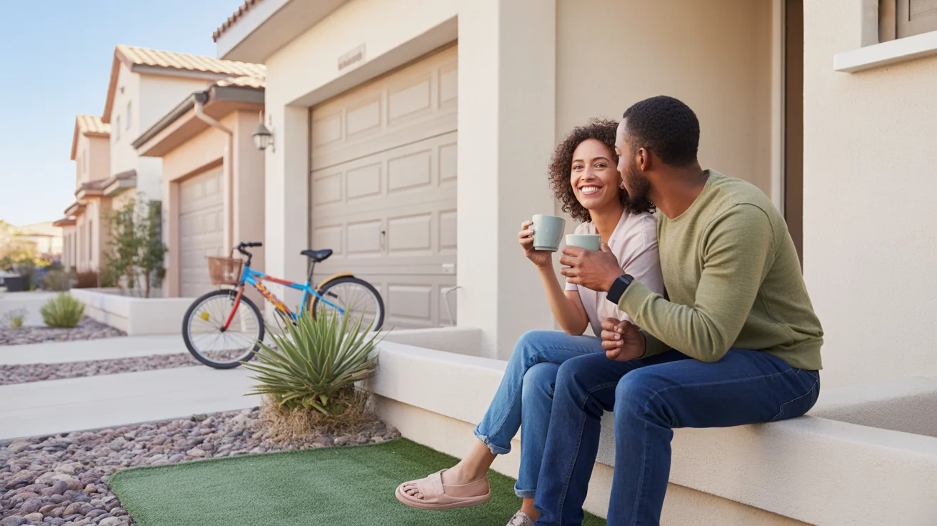 Couple drinking coffee on the porch of their Henderson townhome at sunrise