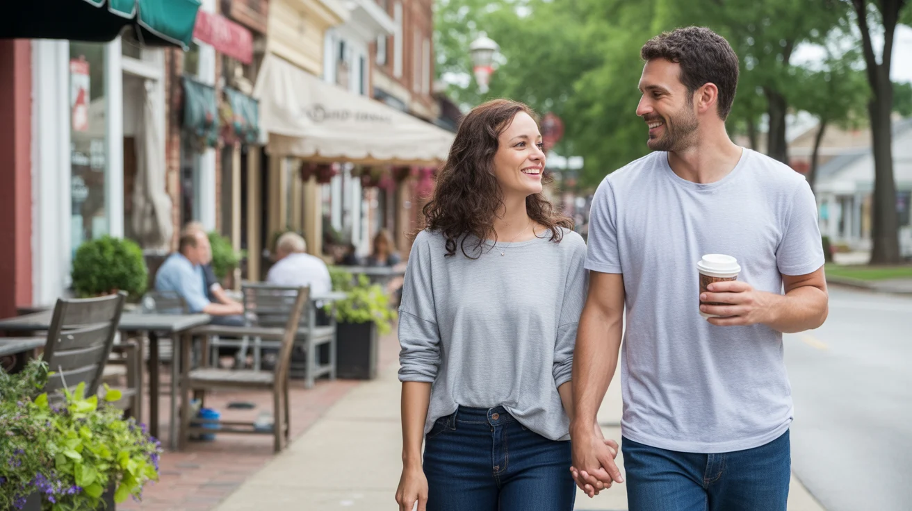 Couple walking in downtown Apex, North Carolina on a sunny day