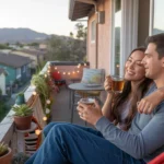 Couple relaxes on cozy balcony with hammock and string lights in Murrieta, CA apartment at sunset