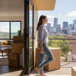 Woman looks at Denver city skyline from apartment balcony near moving boxes