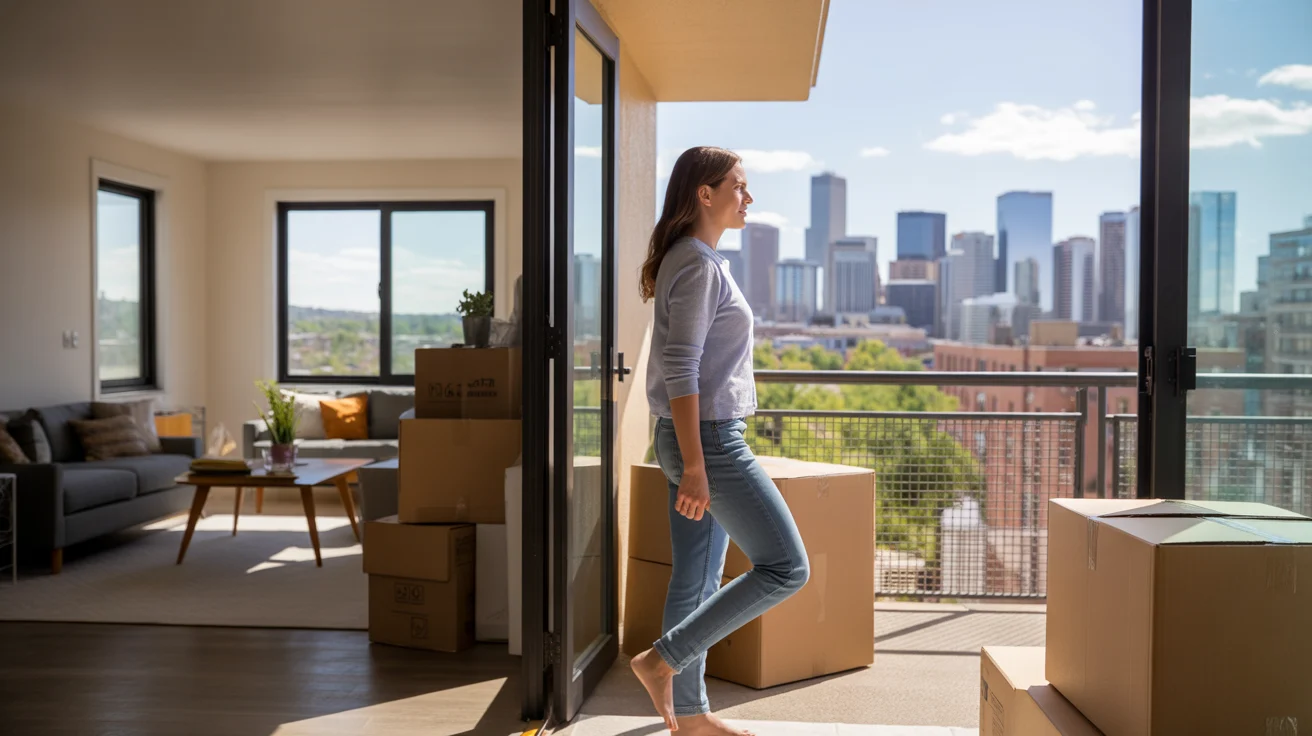 Woman looks at Denver city skyline from apartment balcony near moving boxes